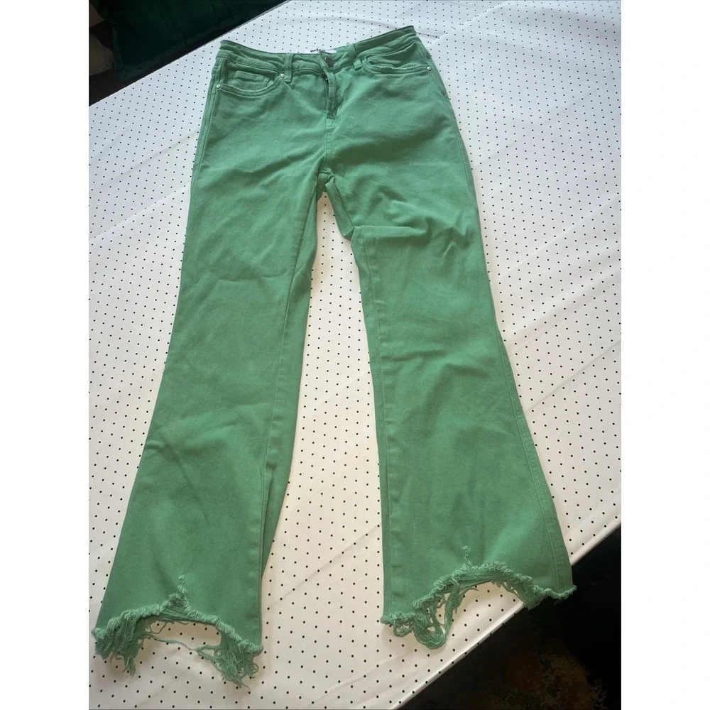 Mica Los Angeles Green Frayed Hem Flare Jeans Women's Size 27 Stretch